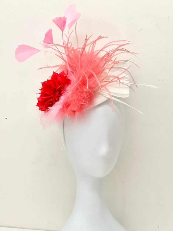 Pink Coral White Derby Fascinate Hat, Bright Pink Coral Derby Hat Headband, Easter Parade Hat, Church Feather Hat ,Coral Derby Hat
