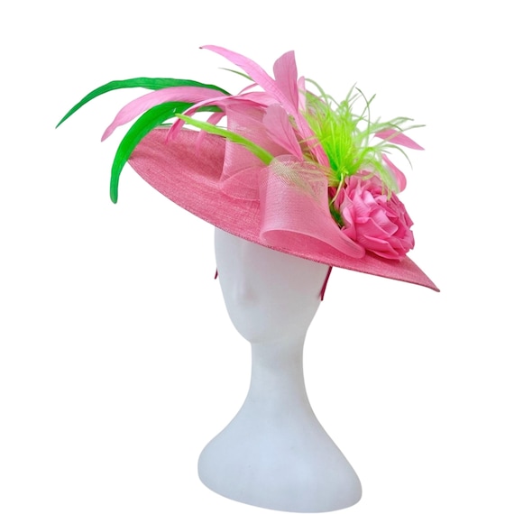 Pink Kentucky Derby Fascinator Hat, Pink Green Feather Fascinator Big BrimDerby Hat, Modern Chic Pink Fascinator