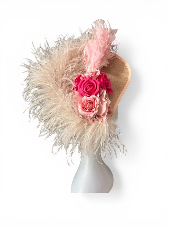 Pink Beige Kentucky Derby Fascinator Hat, Beige Feather Derby Fascinator Hat, Dusty Rose Beige Feather Fascinator Garden Tea Party Hat,