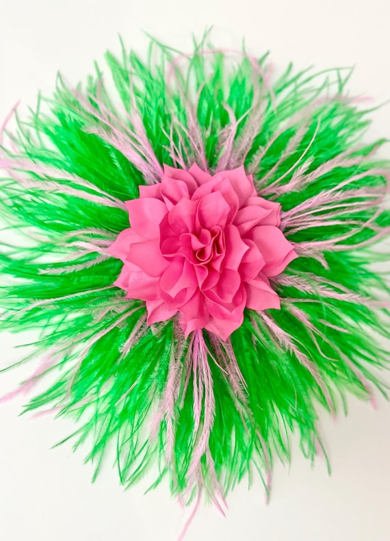 Bright Pink Green Fascinate Hat Clip, Pink Green Feather Brooch Pin, Custom Kentucky Derby Hat Clip, Church Wedding Custom Fascinator Clip