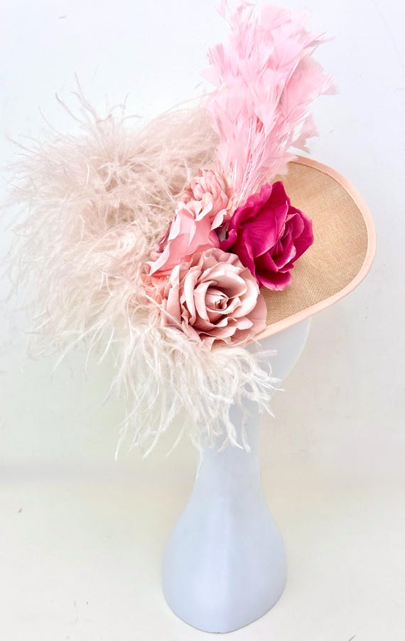 Pink Dusty Rose Kentucky Derby Hat Fascinator, Church Wedding Fascinate Hat,Big Derby Hat, Garden Tea Party Hat,Dusty Rose Feather Derby Hat