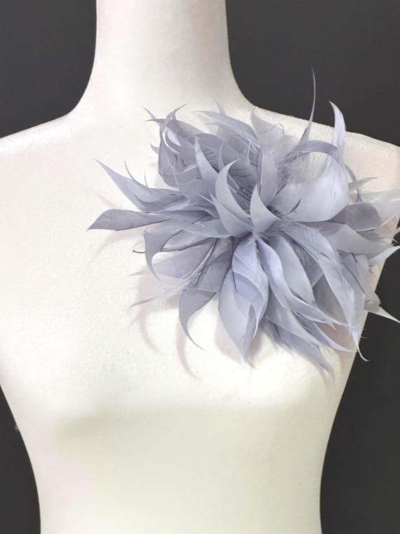 Silver Gray Blue Feather Pin,  Feather Brooch, Feather Corsage Pin, Big Silver Gray Feather Brooch Pin, Blue Grey Feather Boutonniere Pin