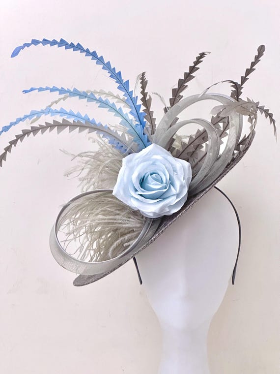 Silver Gray Blue Fascinator Hat, Kentucky Derby Fascinator Hat, Light Blue Derby Fascinate Hat, Blue Wedding Church Hat,Garden Tea Party Hat