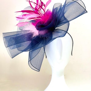Pink Navy White Kentucky Derby Hat Fascinator Headband, Fuchsia Pink Navy White Big Derby Hat, Wedding Hat, Fancy Garden Party Church Hat,