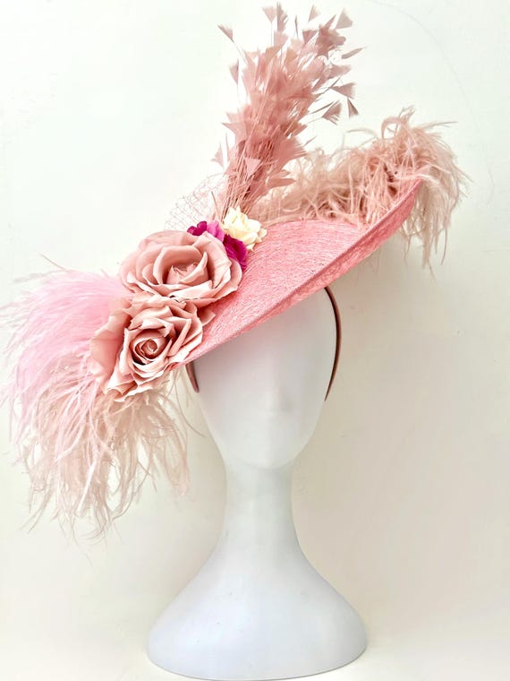 Blush Pink Beige Big Kentucky Derby Hat Fascinator, Dusty Rose Feather Wedding Fascinate Hat, Church Derby Hat, Tea Party Hat, High Tea Hat
