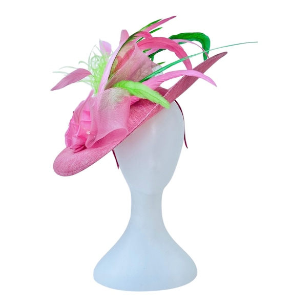 Pink Kentucky Derby Fascinator Hat, Pink Green Feather Fascinator Hat, Church Wedding Hat,Pink Green Fascinator Hat, Garden Tea Party Hat