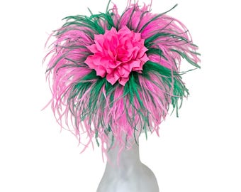 Bright Pink Green Feather Fascinate Hat,  Custom Bespoke Ostrich Feather Fascinator Hat, Pink Green Orange Hot Pink Ostrich Feather Hat