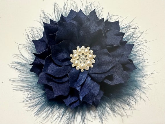 Navy Fascinator Clip, Blue Flower Clip, Navy Blue Flower Clip, Wedding Bridal Hair Clips, Custom Blue Flower Feather Fascinate Clip