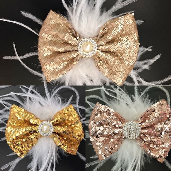Rose Gold Feather Bow, Champagne Hair Bow, Feather Hair Bows, Custom Feather Wedding Bridal Hairpieces, Champagne Clip, Gold Feather Bow,