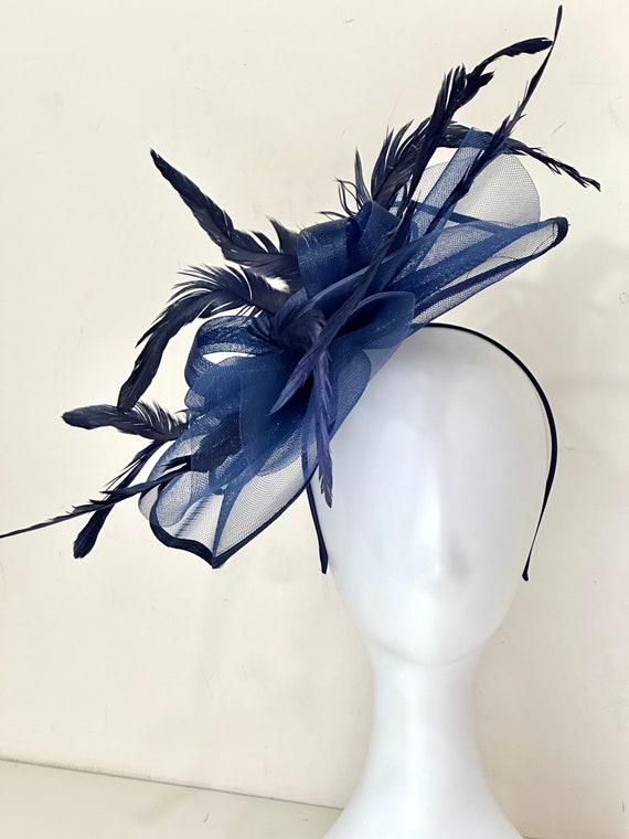 Navy Fascinator Hat, Navy Blue Feather Church Derby Hat Fascinator, Navy Feather Wedding Fascinator Hat, Tea Party Sheer Derby Hat