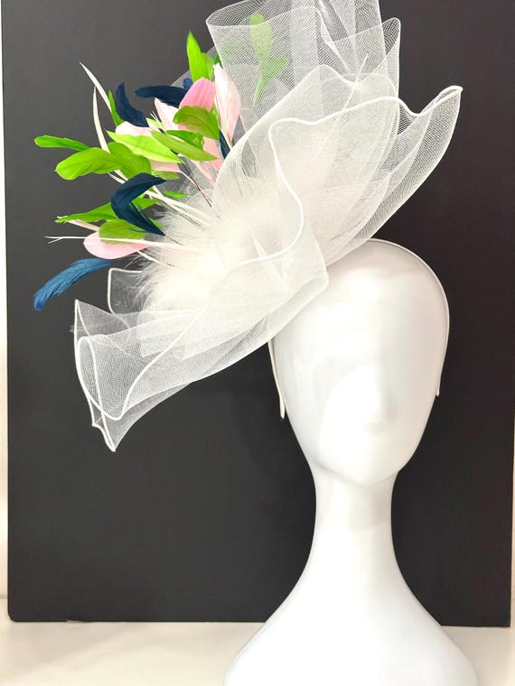 White Fascinator Hat, Sheer White Crinoline Derby Hat,Wedding Fascinate Hat Church Hat,Tea Party Hat, Pink Navy Beige Green Orange Custom