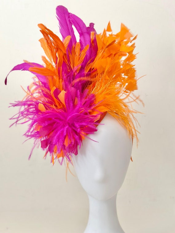 Couture Pink Orange Fascinator Hat, Orange Fuchsia Pink Feather Fascinator Hat, Church Hat, Wedding Fascinator, High Tea Party Hat