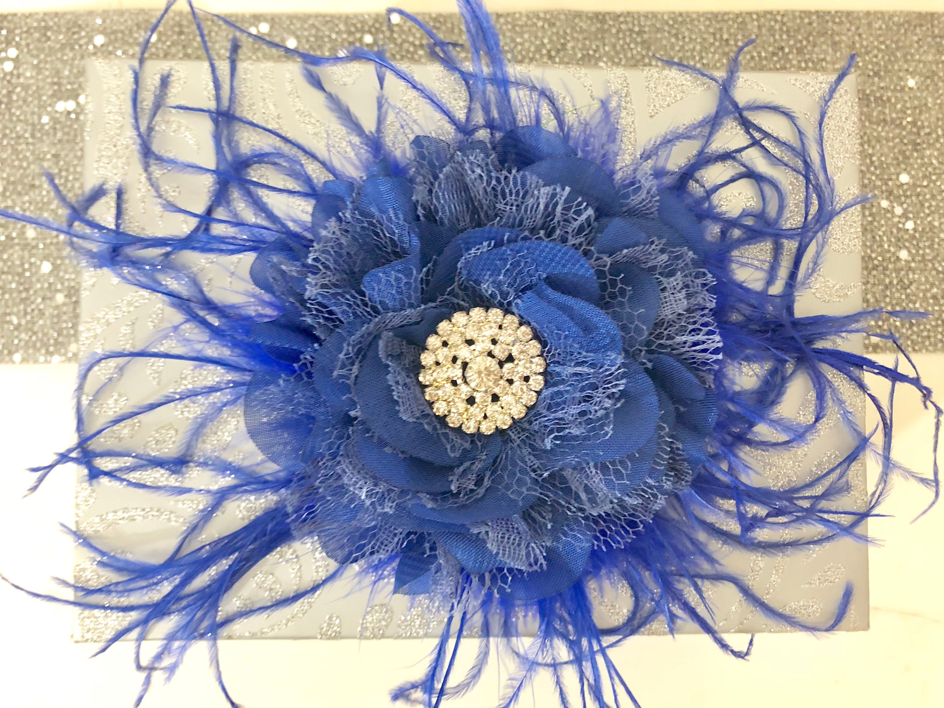 Royal Blue Flower Hair Clip Blue Fascinator Derby Hat Feather