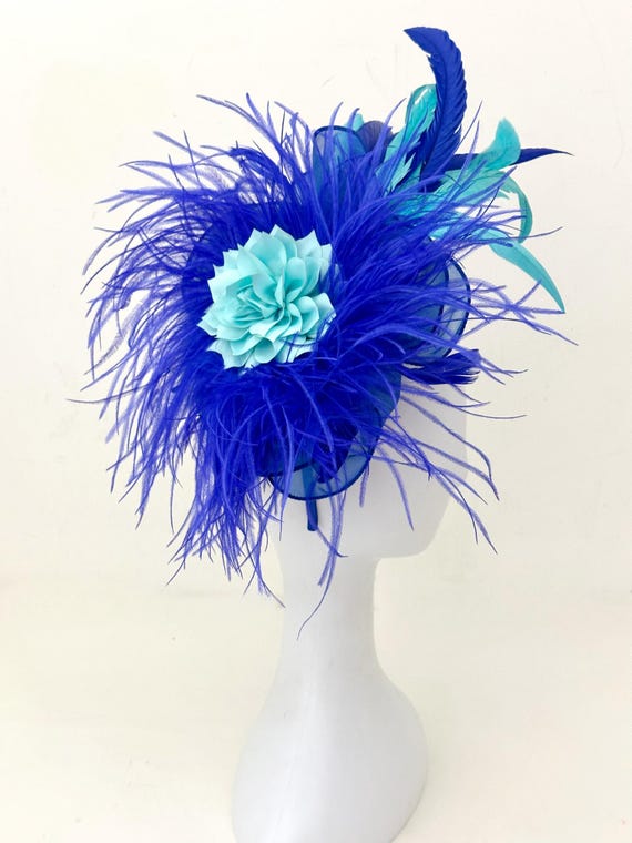 Royal Blue Aqua Fascinator Hat, Blue Feather Derby Fascinator Hat, Aqua Church Wedding Hat, Light Blue Wedding Fascinate Hat, Tea Party Hat