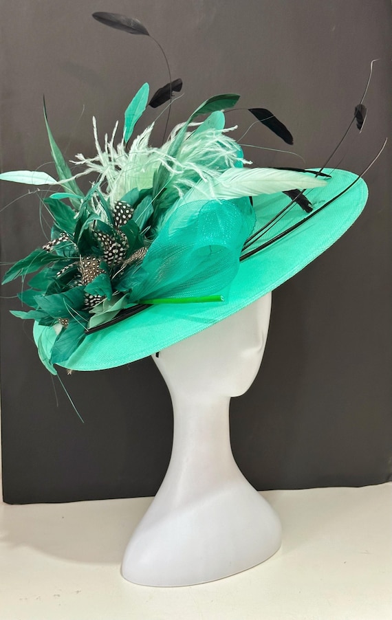 Green Black Derby Fascinator Hat, Big Derby Hat, Church Wedding Fascinator Hat, Ascot Derby Fascinator Hat, Garden Tea Party Hat, Aqua Mint