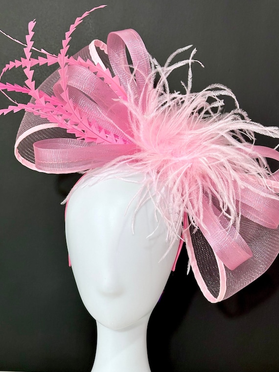 Pink Bow Kentucky Derby Hat, Feather Bow Fascinator Headband, White Wedding Fascinator, Church Tea Party Hat, Magenta Pink Green Derby Hat