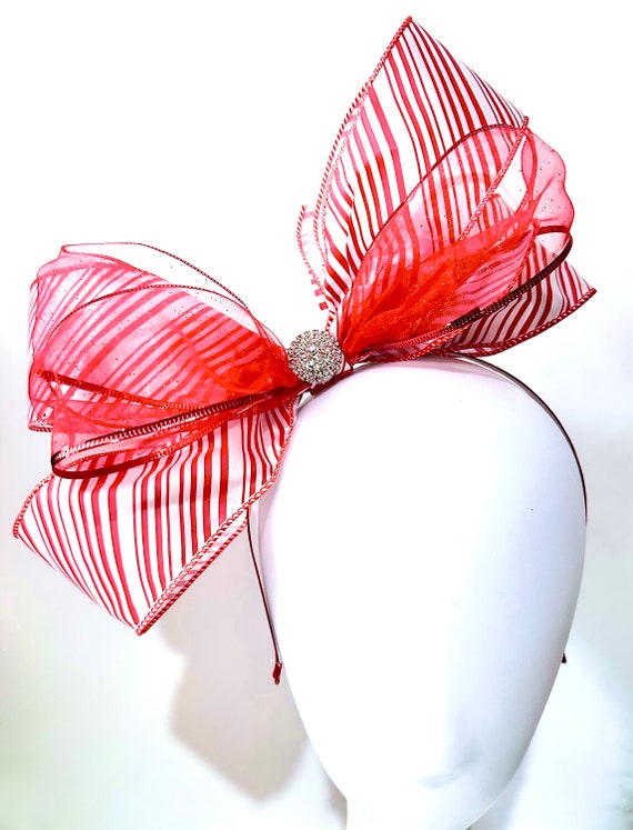 Red White Fascinator Headband, Christmas Headband, Red Bow Headband Fascinator, Candy Cane Headband, Big Red Bow Derby Fascinator