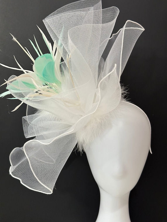 Big White Kentucky Derby Hat Fascinator, Sheer Crinoline Church Derby Hat, Wedding Fascinate,  Tea Party Hat, White, Pink Orange Derby Hat