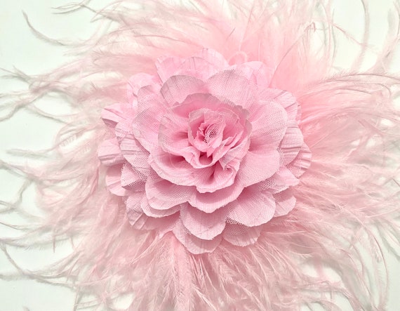 Large Pink Flower Feather Clip, Pink Wedding  Fascinator, Big Flower Crinkle Flower Clip, White, Ivory Crinkle Flower Ostrich Feather Clip