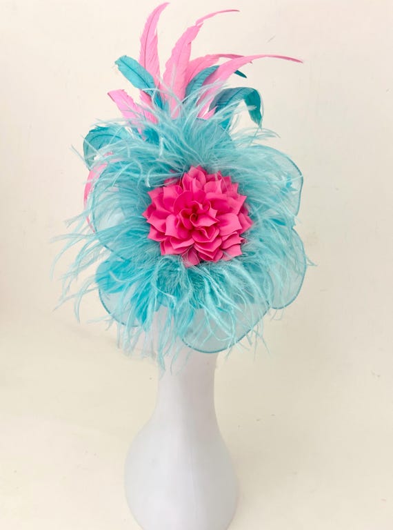 Pink Aqua Blue Fascinator Hat Bright Pink Turquoise Feather Fascinator Hat,Kentucky Derby Fascinator Hat, Church Wedding Tea Party Fascinate
