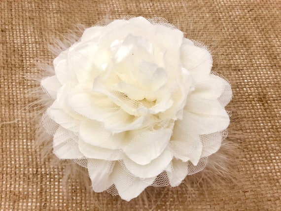 Big Flower Brooch Pin, Big Flower Clip, Bridal Wedding Flower Clips, Creme Ivory, Pink, White Marabou Feather Brooch or Hair Clip