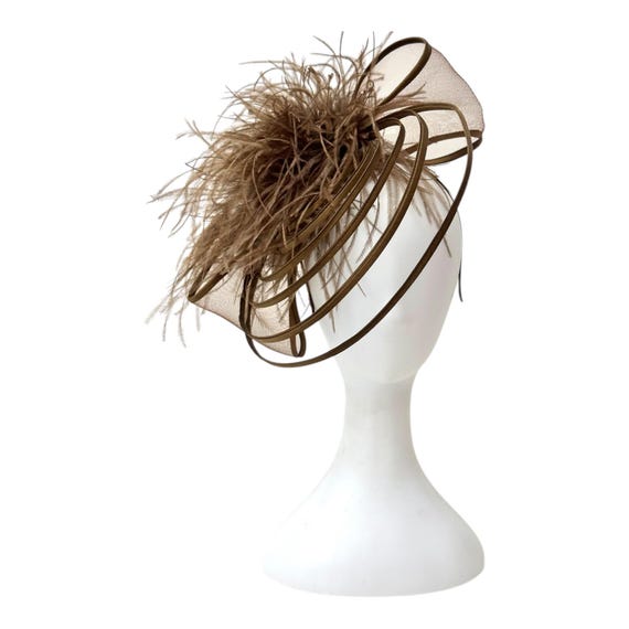 Mocha Mousse Brown Feather Caged Bow Fascinator Hat, Matching Oversized Feather  Pin, Caged Fascinator Hat, Black, Dark Green,White, Gold