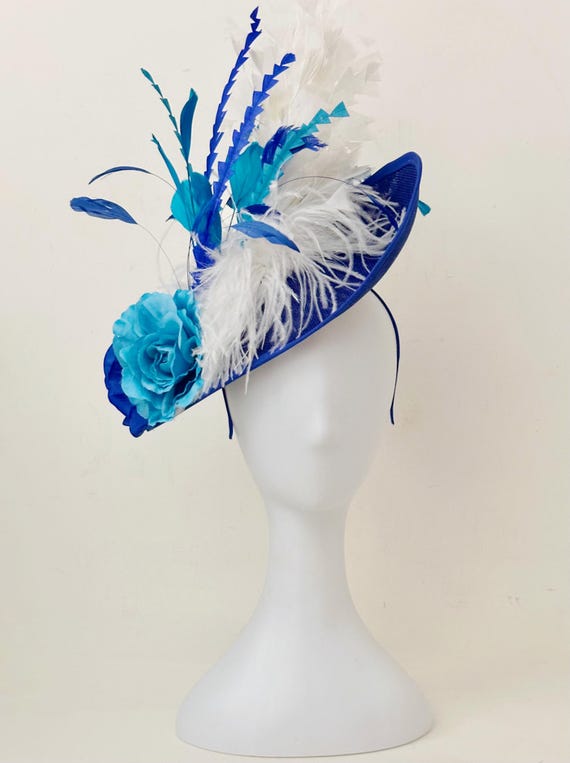 Royal Blue White Derby Fascinator Hat, Light Blue Royal Blue Derby Fascinate Hat, Blue Church Hat, Wedding Mother of the Bride Tea Party Hat