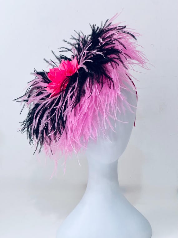 Pink and Black Fascinator Hat, Pink Black Ostrich Feather Fascinator Hat, Ostrich Feather Fascinator, Bespoke Headband, Church Wedding