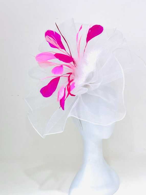 White Fascinator Hat, Big Sheer Crinoline Fascinator Hat, Church Derby Hat, Wedding Fascinate Hat, Custom Fascinator Hat, Pink, Orange, Mint