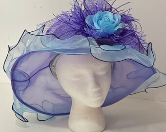 Big Kentucky Derby Hat, Sheer Big Derby hat, iridescent lavender blue big brim hat, Blue Purple Feather Clip Set, Church Derby Hat