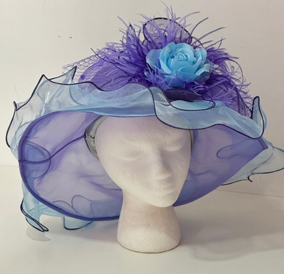 Big Kentucky Derby Hat, Sheer Big Derby hat, iridescent lavender blue big brim hat, Blue Purple Feather Clip Set, Church Derby Hat