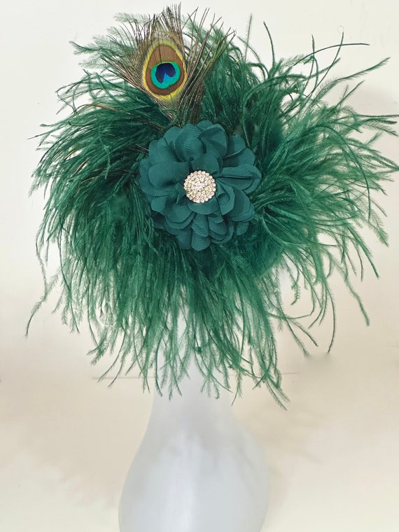Green Feather Fascinator Hat, Peacock Feather Fascinator: Dark Green Feather, Chiffon Flower, Crystal Fascinator Hat, Church Wedding Hat,