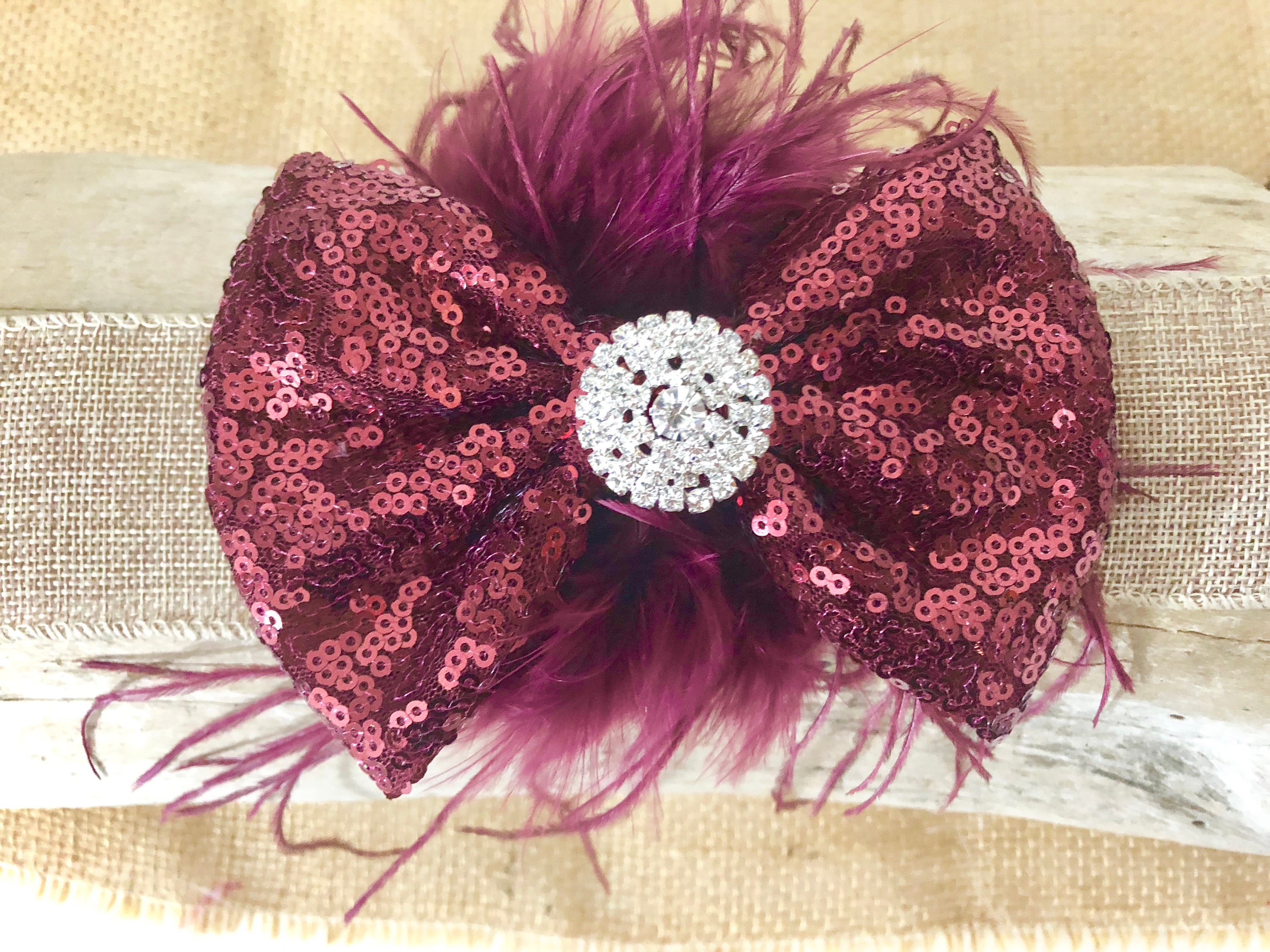 Burgundy Feather Bow Clip Christmas Hair Bow Red Wine