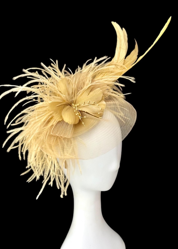 Gold Fascinator Hat, Gold Feather Fascinator Hat, Christmas Fascinator Hat, Modern Church Wedding fascinator Hat, Ostrich Feather Derby Hat