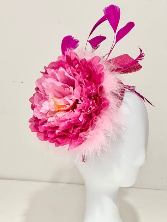 Pink  Feather Kentucky Derby Fascinator Hat, Big Flower Pink Hot pink Flower Feather Derby Hat,  High Tea Hat, Church Hat, Wedding Fascinate