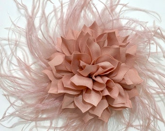 Dusty Rose Feather Flower Clip, Blush Pink Champagne Beige Wedding Bridal Kentucky Derby Fascinator Hat, Easter Church Hat, Custom