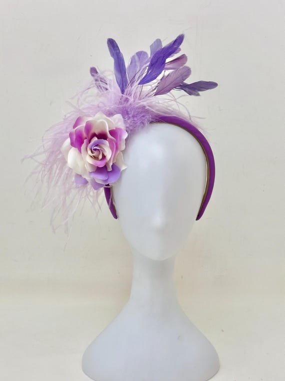 Lavender Lilac Fascinator Hat, Lavender Feather Hat, Pale Lavender Lilac Flower Feather Headband, Church Wedding Fascinator Hat Headband