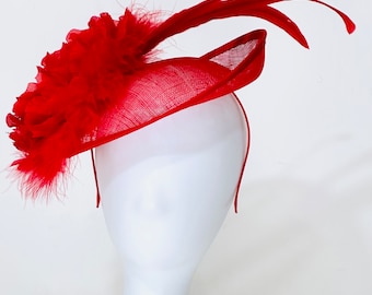 Red Big Kentucky Derby Hat Fascinate, Big Brim Derby Hat, Church Hat, Red Feather Headband Fascinator Hat, Red Feather Fascinate