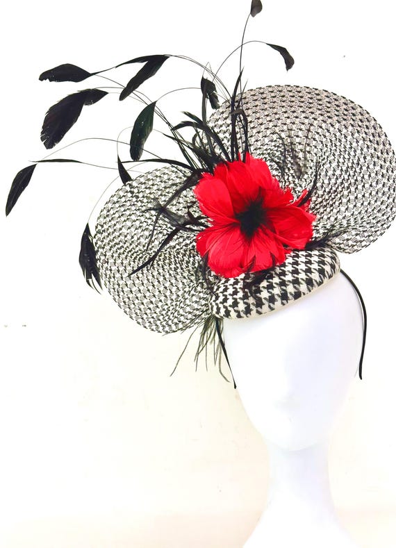 Black and White Red Fascinator Hat, Black and White Feather Hat, Custom Derby Fascinator Hat, Black White Tweed Red Black Church Wedding Hat