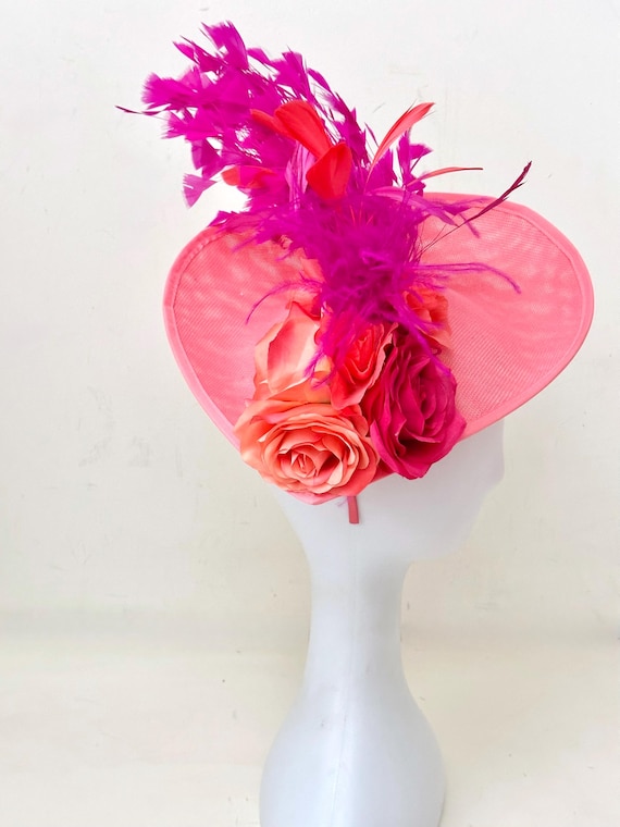 Pink Coral Derby Fascinator Hat, Fuchsia Pink Coral Kentucky Derby Hat,Coral Pink Fascinator Hat, Church Hat Wedding Tea Party Hat