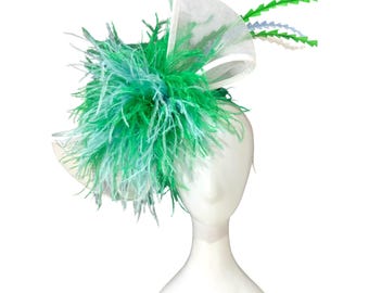 Feather Bow Fascinator Hat, Green Blue White Feather Kentucky Derby Fascinator Hat, Garden Tea Party Hat, White Le Diner en Blanc Fascinator