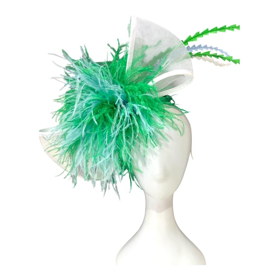 Feather Bow Fascinator Hat, Green Blue White Feather Kentucky Derby Fascinator Hat, Garden Tea Party Hat, White Le Diner en Blanc Fascinator