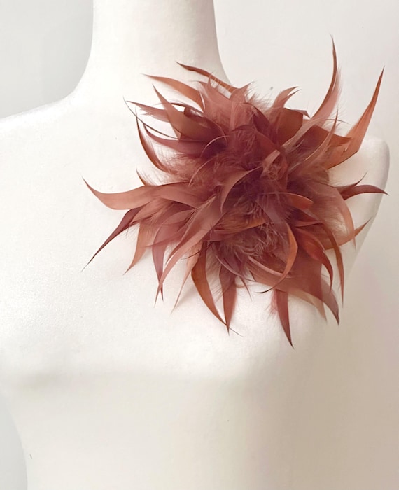 Mocha Coffee Brown Feather Brooch Pin, Dark Green, Pink Dusty Rose Mauve Feather Corsage Pin, Big Turkey Feather Pin, Christmas Gift for her