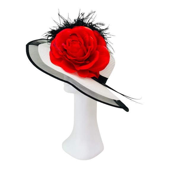 Black White Red Derby Hat, Kentucky Derby Hat, Big Brim Derby Hat, Church Wedding Hat, Black White Red Rose Derby Hat, Orange Pink Derby Hat