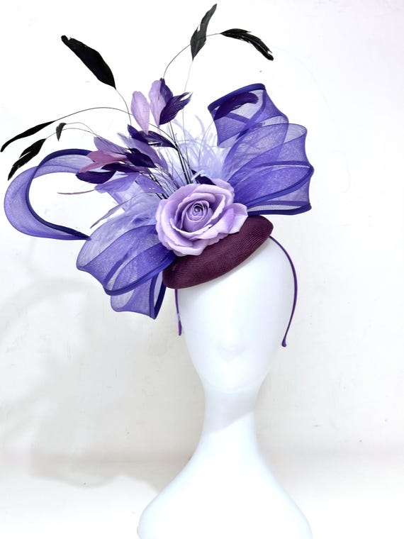 Purple Black Fascinator Hat, Lavender Feather Fascinator Hat, Wedding Fascinator Hat, Church Derby Fascinator Hat, Garden Tea Party Hat,