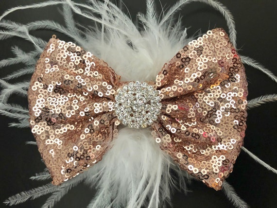 Rose Gold Hair Bow, Gold Bows, Champagne Gold Bow, Christmas Hair Bow, Rose Gold Feather Clip, Wedding Bridal Hair Accessory