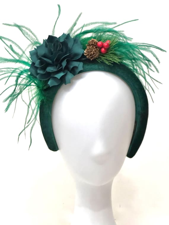 Dark Green Feather Headband, Green Christmas Fascinator Hat, Dark Green Feather Velvet Headband, Christmas Holly ,Bespoke Headband