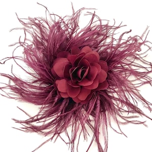 Burgundy Deep Red Wine Fascinator Hat Clip, Burgundy Ostrich Feather Clip, Bordeaux Flower Feather  Clip, Christmas Wedding Fascinate