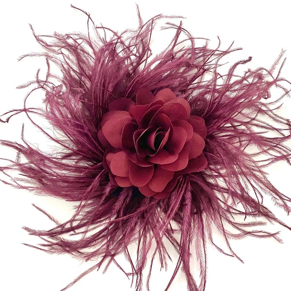 Burgundy Deep Red Wine Rose Fascinator Clip, Ostrich Feather Clip, Bordeaux Flower Feather  Clip, Christmas Wedding Fascinate