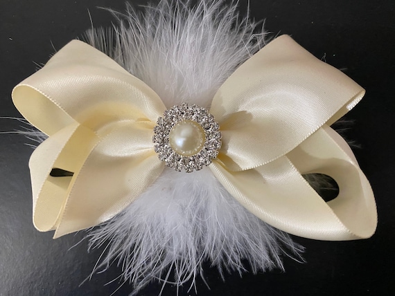 Ivory Feather Pearl Hair Bow Flower Girl Feather Bows, Satin Baby Hair Bows, Sage Teal, White, Ivory Silver Lavender Navy Pearl Feather Clip